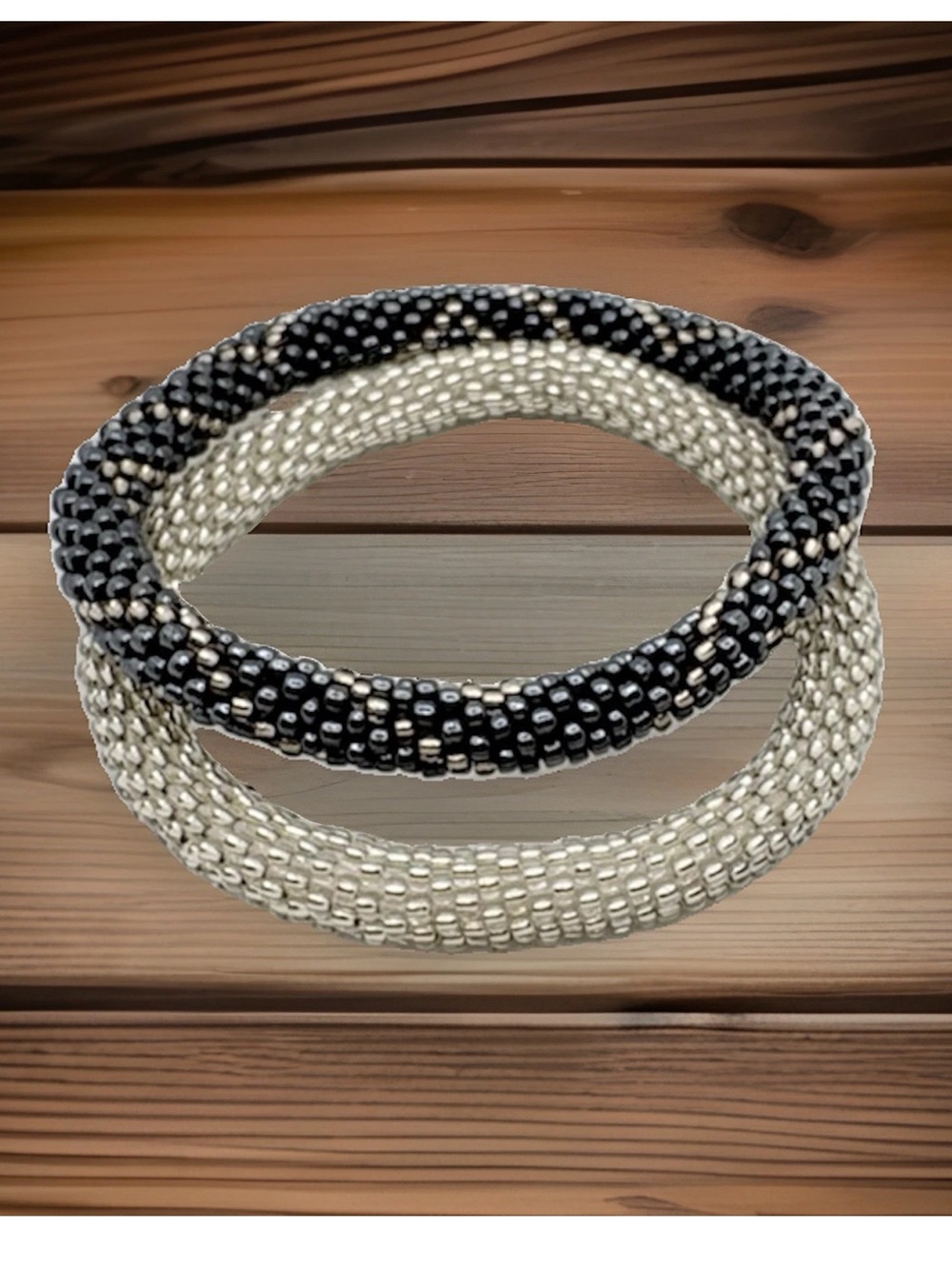 Vintage Set Of 2 Seed Bead Roll On Bracelets Silver And Black/Silver
